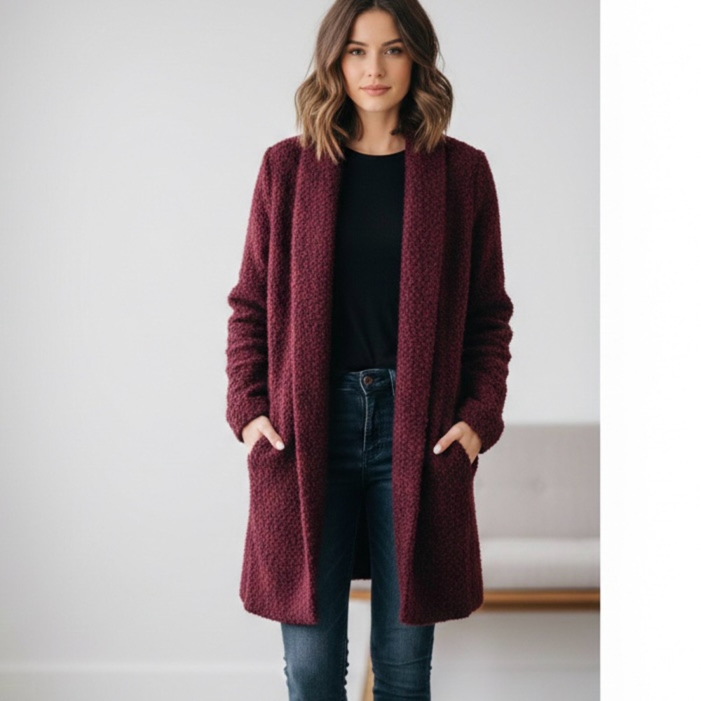 Dynamite Boucle Knit Long Open Front Cardigan Burgundy Womens Size Medium